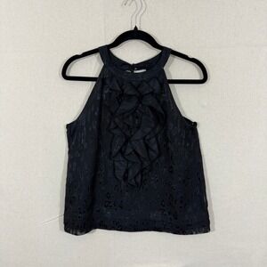 Kenar Women Black Animal Print Burnout Ruffle Halter Top Size S Keyhole Back